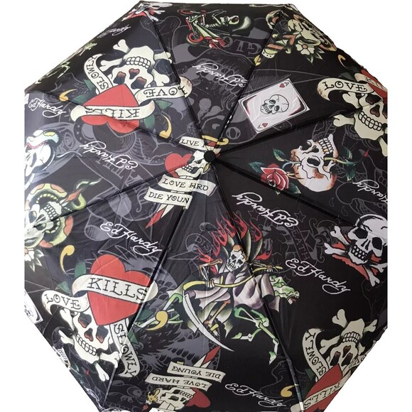 Ed Hardy Compact Umbrella Love Kill Auto Open & Close Rubberized Handle UNOPENED